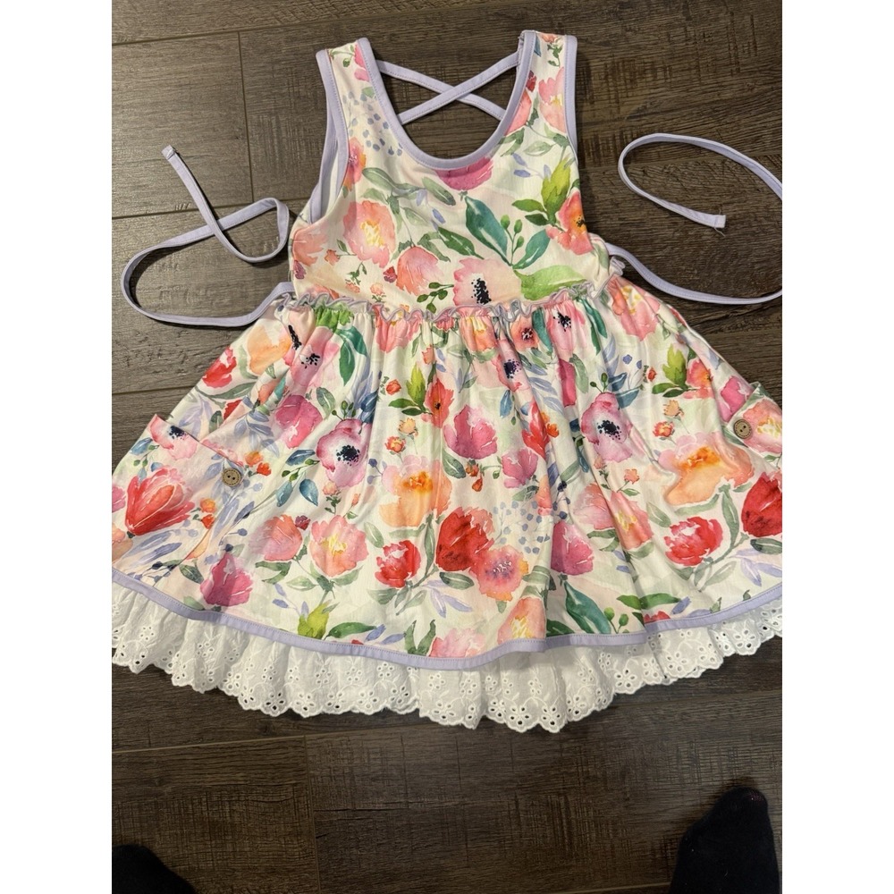 Cheeky Plum Girls 4T Floral Cross Back Sundress Lavender Eyelet Lace Hem Pockets